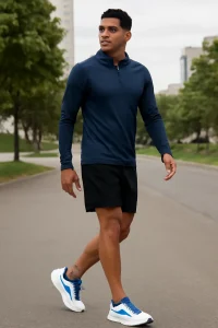 Fit runner in navy pullover and black shorts wearing Hoka shoes outdoors