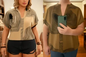 Woman wearing a Shien Curve beige-black patterned blouse, shown in styled and casual mirror selfie views.