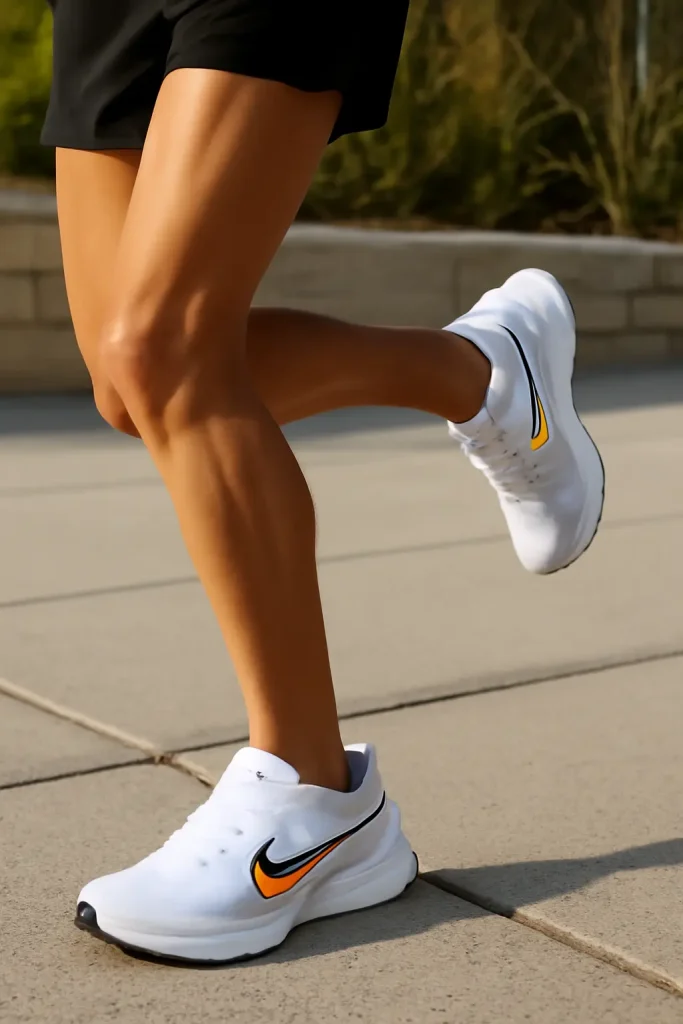 Runner wearing Hoka shoes on sunny sidewalk in mid-stride