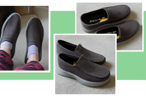 A pair of dark gray slip-on shoes