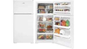 Open refrigerator filled with various food items