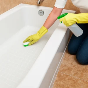 Best bathtub cleaner used while scrubbing white tub with brush and spray bottle.