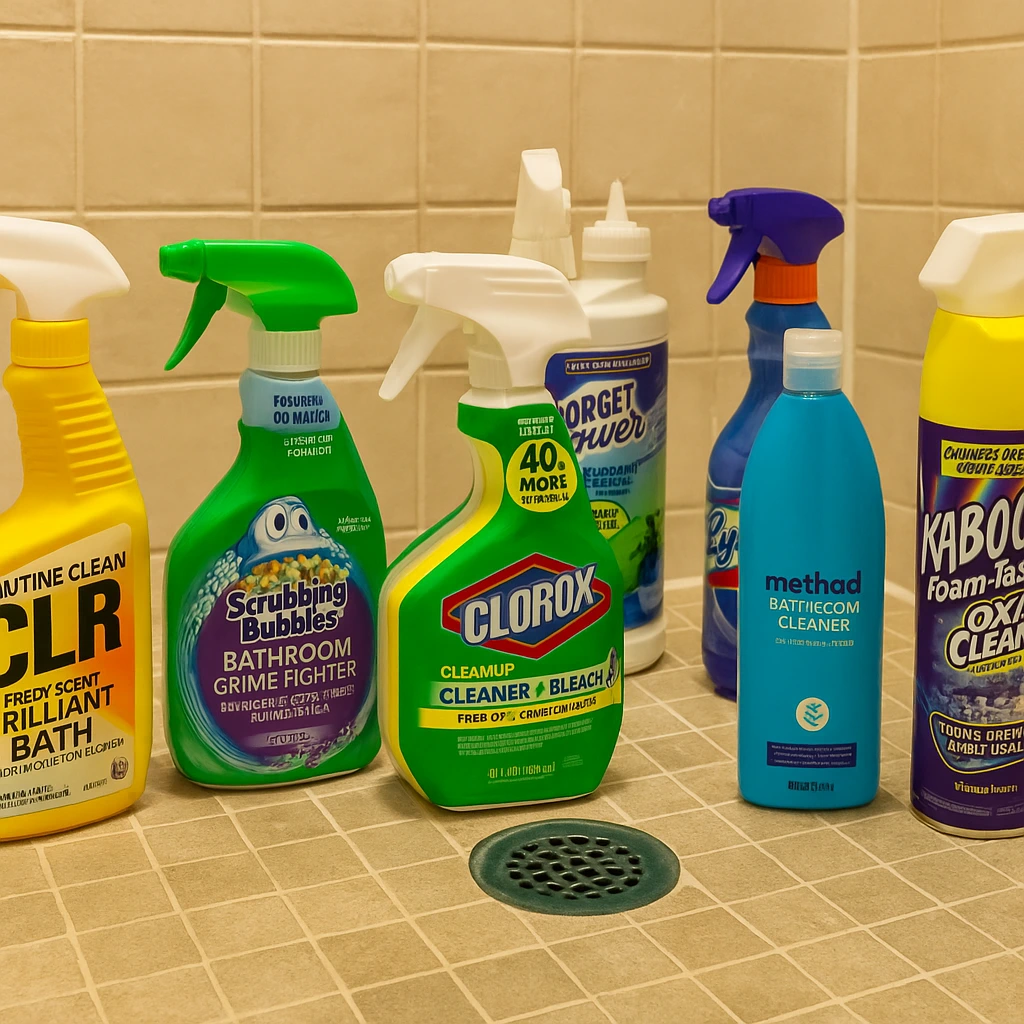 Best bathtub cleaner products arranged on tiled shower floor.