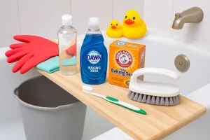 Best bathtub cleaner supplies including baking soda, dish soap, and scrub brush on tub ledge.