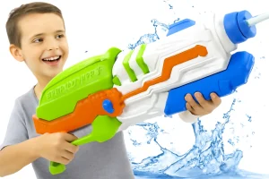 Best water guns for kids in action, with a young boy having fun with a vibrant water gun.