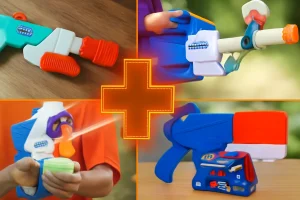The best water guns for kids, showcasing four Nerf Super Soakers in action with different designs.