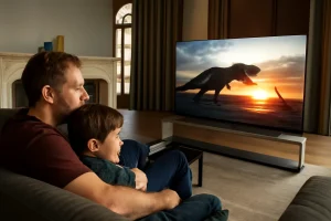 Father and son watching dinosaurs on TV