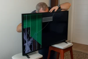 Man repairing a cracked flat-screen TV in a home.