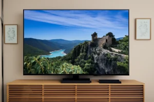 Modern living room with TV showing scenic landscape.
