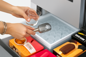 Person scooping ice cubes into a glass.