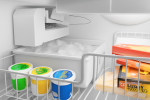 Freezer with ice bin and frozen food.