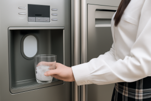 Woman filling glass with ice from fridge