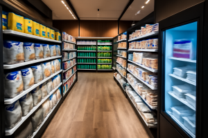 Modern supermarket aisle with organized shelves.