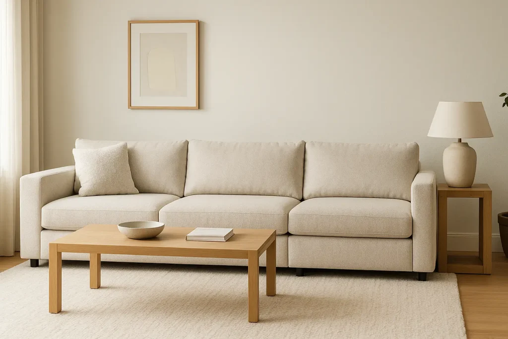 Modern living room with a beige Cozey Couch Ciello Sofa, soft throw, rug, and minimalist decor.
