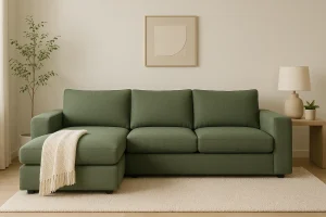 Sage green Cozey Couch Ciello Sofa with chaise, throw blanket, neutral rug, and minimalist decor.