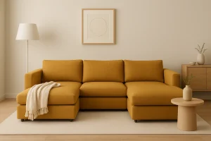 Mustard yellow Cozey Couch Ciello Sofa with chaise, throw blanket, modern decor, and warm lighting.