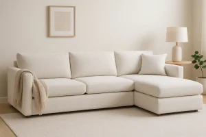 Light cream Cozey Couch Ciello Sofa with chaise, beige throw, rug, and minimalist modern decor.