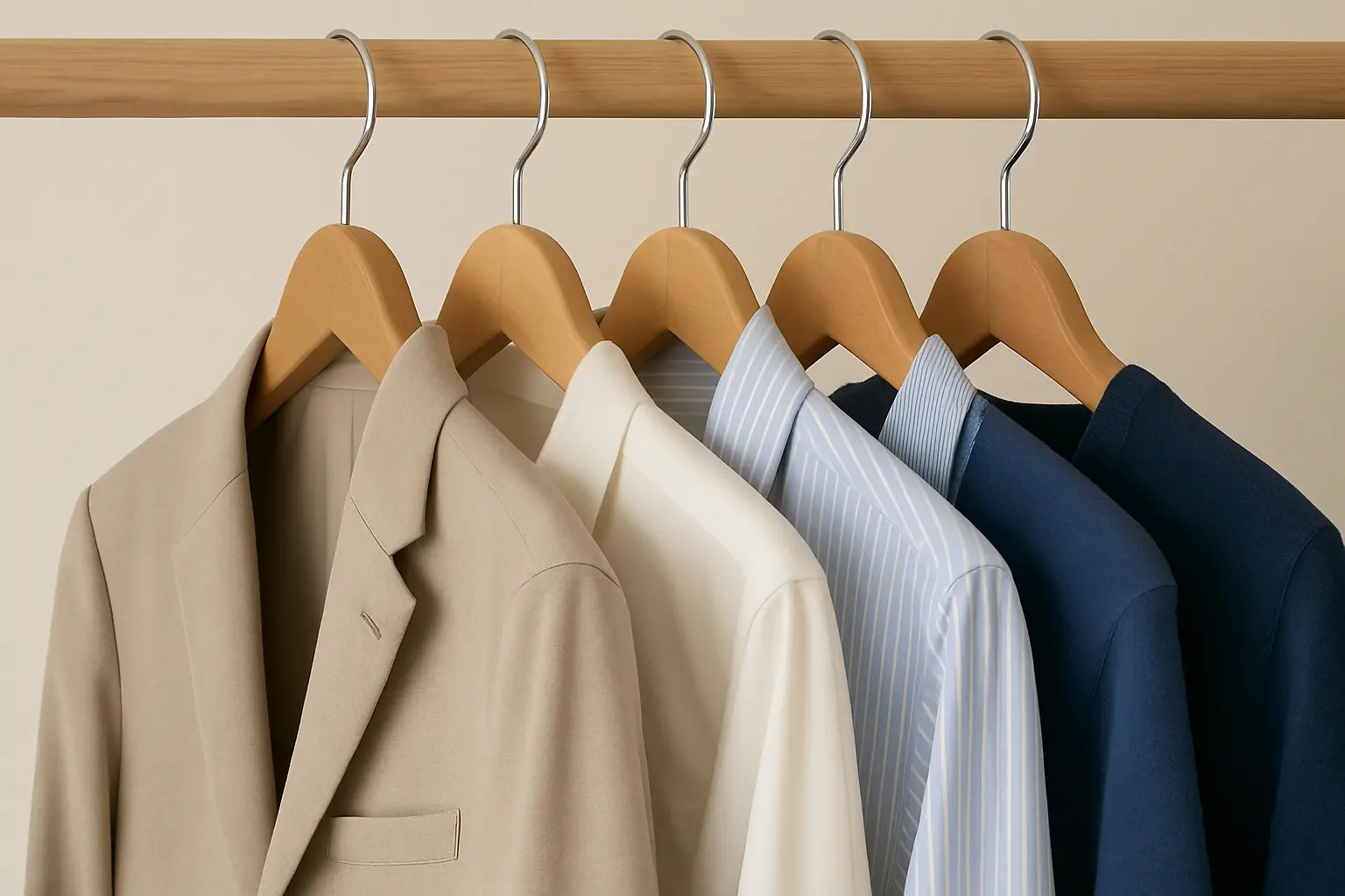 Clothing featured in Coofandy reviews, showing stylish shirts and blazers on hangers in neutral tones