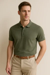 Male model wearing olive green Coofandy shirt and beige pants, featured in Coofandy reviews content.