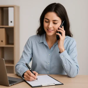 Woman representing Coofandy's customer service, smiling while assisting a call at a tidy desk setup.