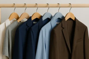 Coofandy reviews clothing rack with shirts, blazers, and sweaters in neutral and blue tones on hangers.