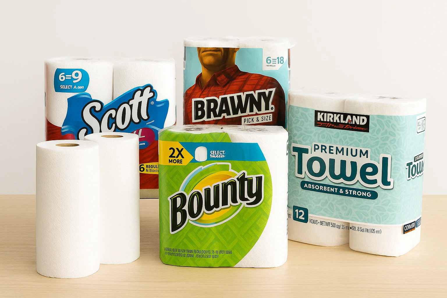 Best paper towels including Bounty, Scott, Brawny, and Kirkland shown on a table for comparison.