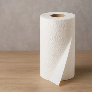 White paper towel roll with swirl pattern on wood surface, one sheet hanging, gray wall background. 