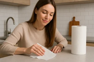 Woman wipes kitchen counter with paper towel, roll nearby, in modern setting with white tiles. 