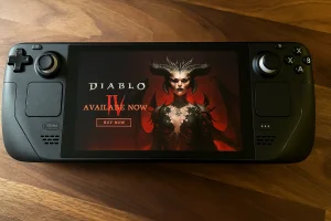 Steam Deck displaying Diablo 4 screen with vivid artwork and controls, highlighting Diablo 4 Steam Deck.