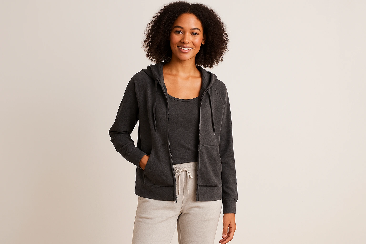 Woman wearing Pact Clothing hoodie and joggers, smiling in studio, showcasing sustainable fashion.