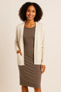 Woman wearing Pact Clothing taupe dress and cream cardigan, smiling in neutral studio setting.