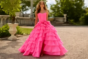 Pink tiered ruffle ball gown outdoors