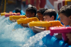 Best water guns for kids, five children enjoying a water fight with bright yellow and pink water guns.
