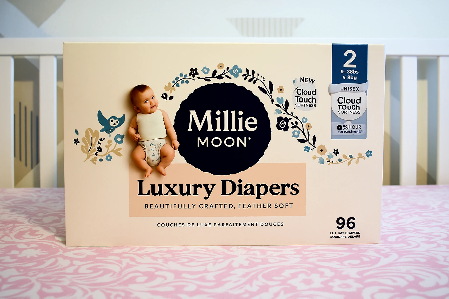Millie Moon diapers box featuring luxury diaper packaging on a nursery bed.