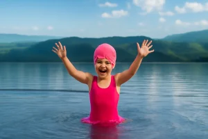 Girl in bright pink swimsuit in lake
