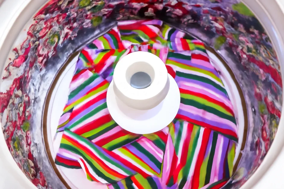 Washers with agitators and striped fabric in a Maytag drum.