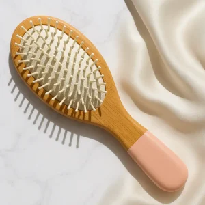 Wooden hairbrush on satin and marble