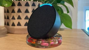Lifestyle shot of echo pop vs echo dot in a cozy living room setting