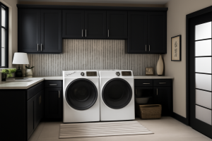 Modern laundry room with dark cabinets