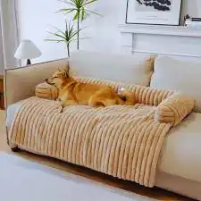 Dog sleeping on cozy couch cover bed