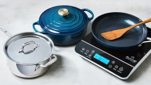 Close-up of a clean stainless steel frying pan on induction cooktop