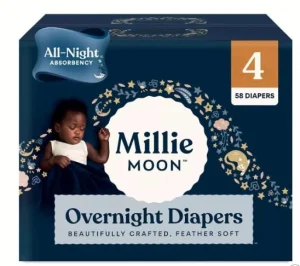Millie Moon diapers overnight pack with all-night absorbency and soft comfort for babies.