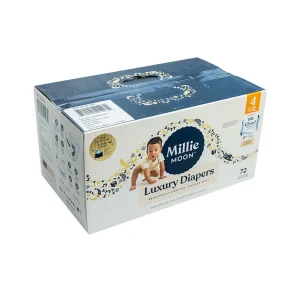 Millie Moon diapers box featuring luxury size 4 diapers with cloud touch softness.