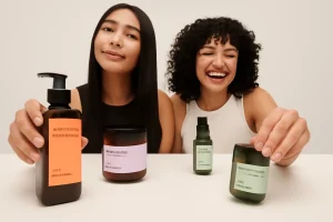 Two women with skincare products.