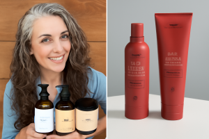 A woman with hair care products display