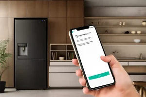 Smartphone connected to fridge in modern kitchen.