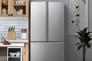 Modern kitchen with stainless steel fridge and decor.