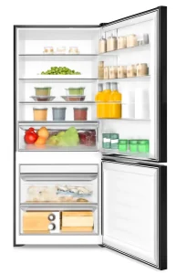Sleek, organized fridge with fresh produce and drinks.