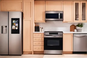 Modern kitchen with stainless steel appliances.