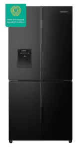 Four-door black fridge with water dispenser.